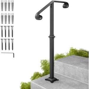 Handrails for Outdoor Steps, 1-2 Step Single Post Handrail, 38" H Rustproof Wrought Iron Stair Railing with Assembly Tool Kit for Concrete Steps, Wood Steps, Black
