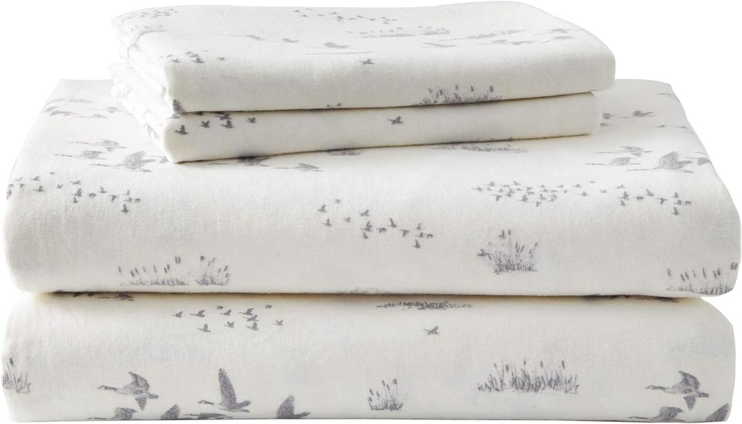 Eddie Bauer - Flannel Sheets Queen Size, Anti-Pilling & Wrinkle Resistant Cotton, Touchably Soft for All-Season Comfort - Bed Sheets with Matching Pillowcases & Fitted Sheet (Geese Meadow Yellow)