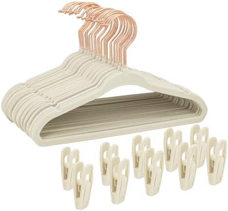 Tonswachic Kids Velvet Hangers 30 Pack, 14" Non-Slip Felt Kids Hanger for Toddler/Youth/Teens, Slim Space Saving Child Clothes Hangers, Heavy Duty Children's Hangers with 10 Clips - Beige