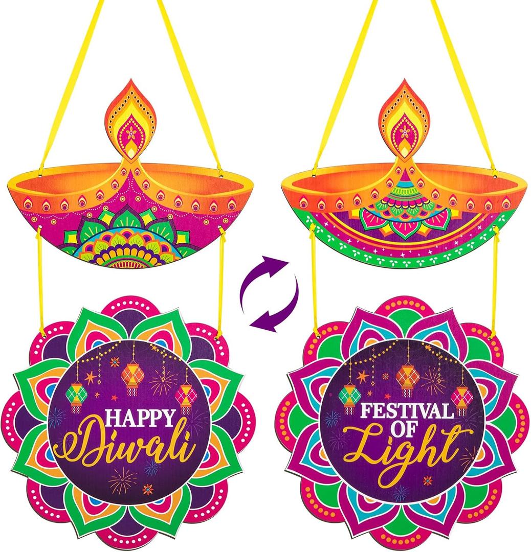 Happy Diwali Decoration Wood Diwali Door Wreath for Front Door Sign Wall Signs Double-sided Printing, Welcome Door Wall Signs Festival of Light Ornaments Hanging Crafts for Home Party Porch Decor Sign (Large, Multi Color)