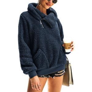 KIRUNDO Winter Clothing for Women Sherpa Pullover Fleece Zip Sweatshirt 2026 Fall Fashion Fuzzy Faux Shearling Warm Outwear (Medium, Dark Blue)