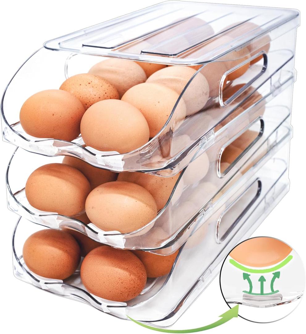 Egg Holder for Fridge, Automatic Steady Rolling Egg Container with Soft Bumpers & Handle for Refrigerator, Stackable Fridge Organizers and Storage with Lid ((M SIZE) 3 Tier Holder 36 Eggs)