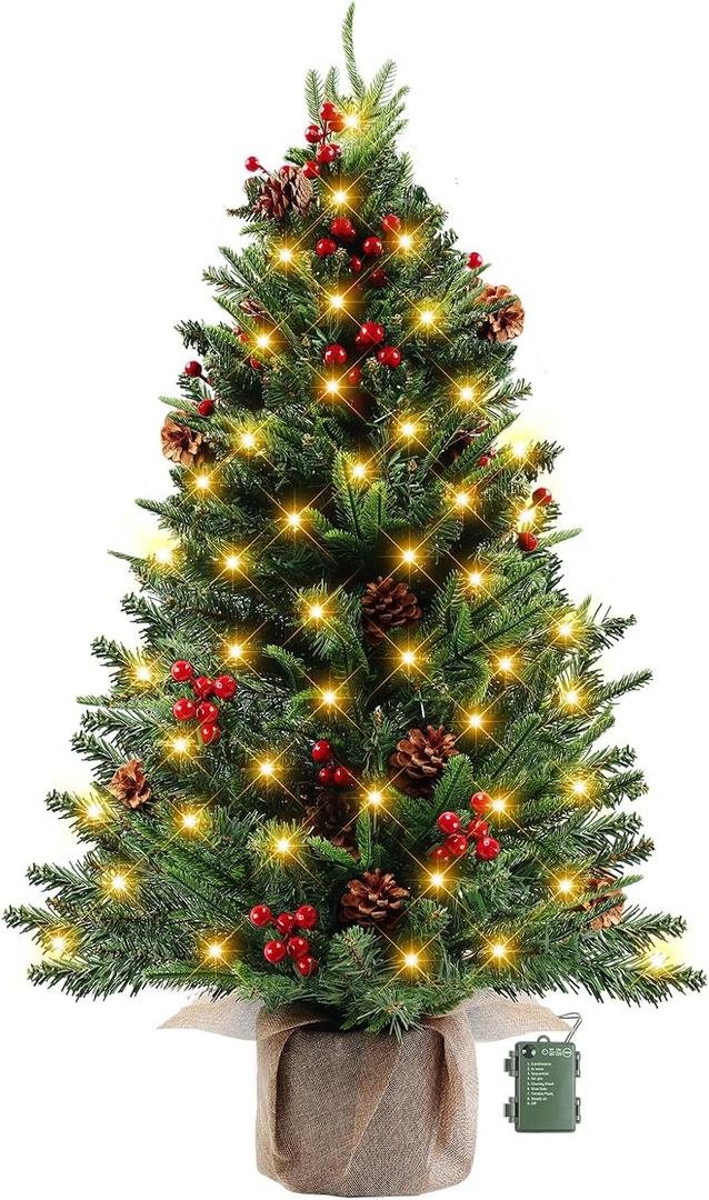 3 FT Mini Tabletop Christmas Tree, Artificial Christmas Tree with 80 LED Light Beads and 170 PE+PVC Branch Tips Battery Powered, Pine Cones and Red Berries Included for DIY Xmas Decorations