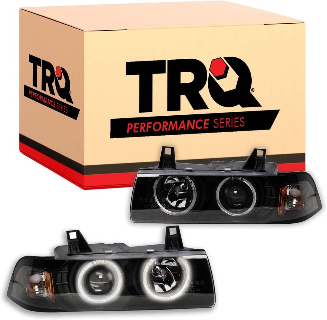 TRQ Performance Driver and Passenger Side Headlight Assembly Set Black Housing Clear Lens Projector Compatible with 94-97 BMW 318i 92-97 BMW 318is 94-95 BMW 325i 92-95 BMW 325is 96-98 BMW 328i