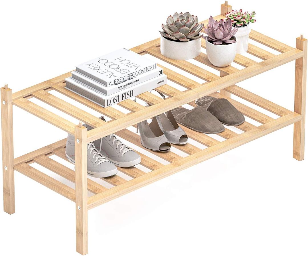 Shoe Rack, 2-Tier Bamboo Stackable Shelf Storage Organizer, Stand for Closet, Entryway, Hallway, Bathroom and Living RoomNatural