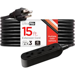 UltraPro 15 Ft Indoor Extension Cord 3 Outlet Power Strip Long Extension Cord with Multiple Outlets Grounded Heavy Duty 16 Gauge ETL Listed Black 50786