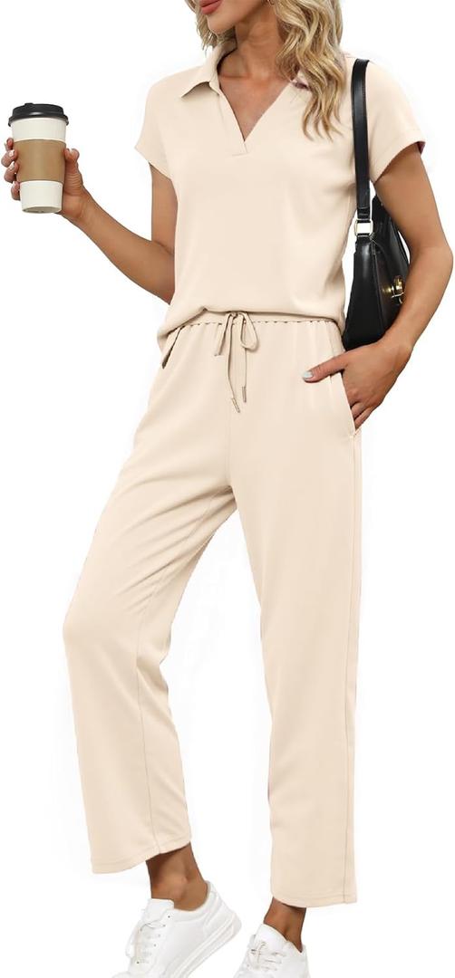 Glamaker Womens 2 Piece Summer Outfit Lounge Set Cap Sleeve Polo Top And Pant Set Tracksuit Travel Matching Outfit 2026 (Yellow, S)