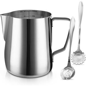 Milk Frothing Pitcher Cup, 12oz/350ML Milk Frother Cup Stainless Steel Steaming Pitcher Milk Jug Coffee Latte Art Cappuccino Espresso Machine Accessories Barista Steam Pitchers Attached Dessert Spoons