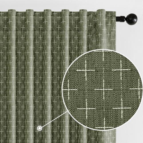 MIULEE Decorative Back Tab Linen Curtains with Geometric Pattern for Living Room Bedroom Farmhouse Rustic Thick Woven Textured Patterned Mudcloth Drapes 84 Inches Long 2 Panels Set, Olive Green