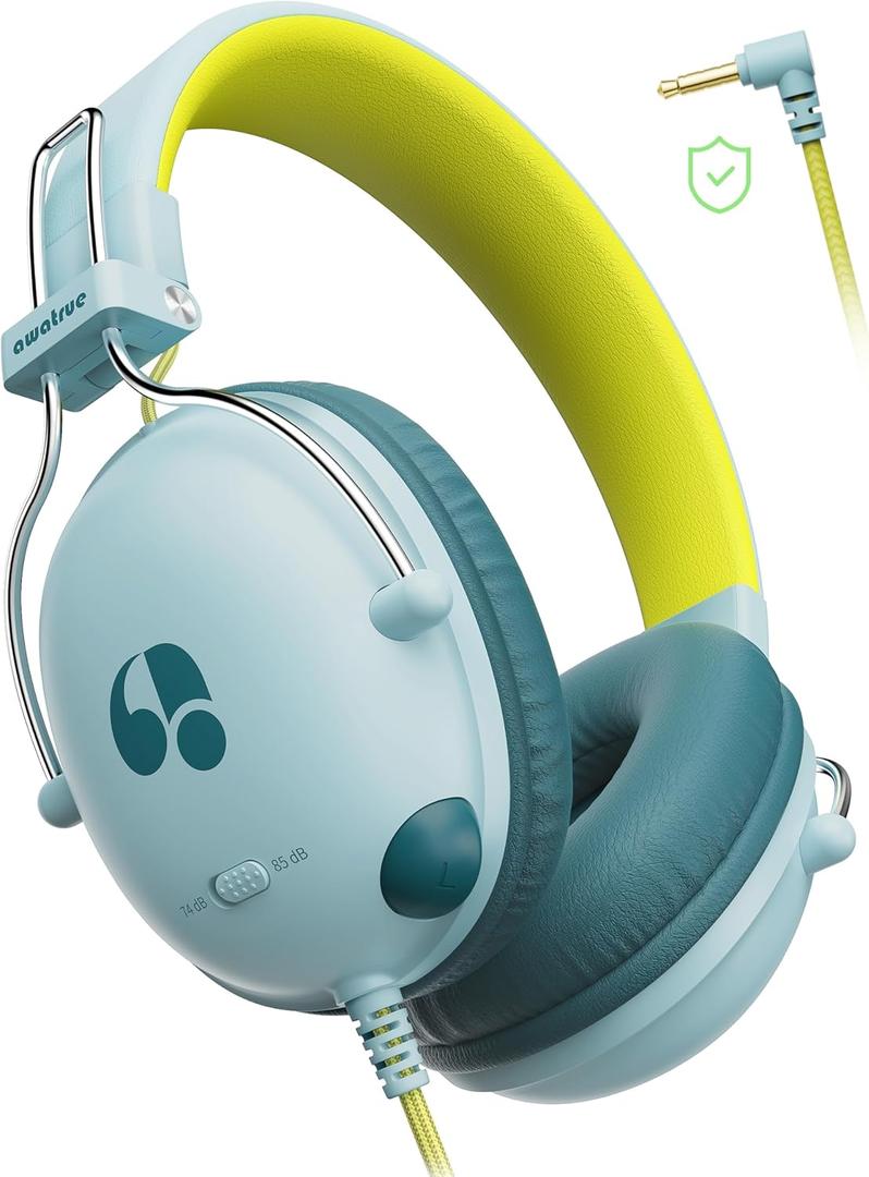 Kids Headphones for School, 74/85dB Safe Volume Limit, Stereo Sound, Wired On-Ear Headphones for Kids Boys Girls, 3.5mm Jack for Tablet, iPad, Kindle, YOTO Player, Airplane Travel, Green