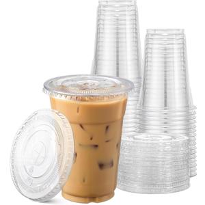 TashiBox Plastic Cups with Flat Lids 100 Sets 16 oz, Clear Crystal drink cups with lids