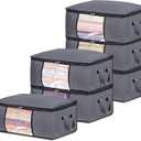 6 Pack Clothes Storage Bags with Zipper, Foldable Blanket Storage Box with Clear Window Reinforced Handles for Closet, Dorm, Pillows, Bedding, Sheet, Comforter, 45L Gray