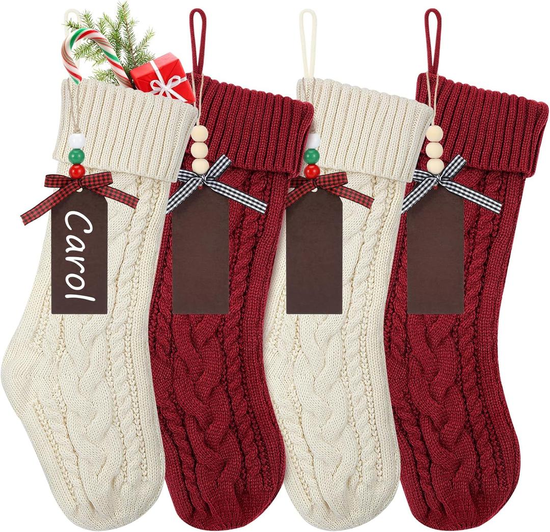 Christmas Stockings, 4 Pack 18" Large Cable Knit Xmas Stockings Personalized with Wooden Name Tags for Christmas Decorations Family Holiday Party Decor (Burgundy, Ivory)