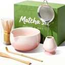 Matcha Whisk Set, Ceramic Matcha Set Includes Bowl & Holder, Bamboo Whisk (Chasen), Scoop, Spoon and Sifter, 6PCS Matcha Kit Covers Everything Needed for Making Matcha (Pink)