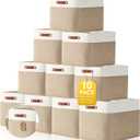 Uiifan 10 Pcs Collapsible Storage Bins Fabric Foldable Storage Basket with Handles Cloth Organizer Linen Shelf Baskets for Shelves Home Closet Nursery Toys(17 x 15 x 12 Inch,Beige and White)