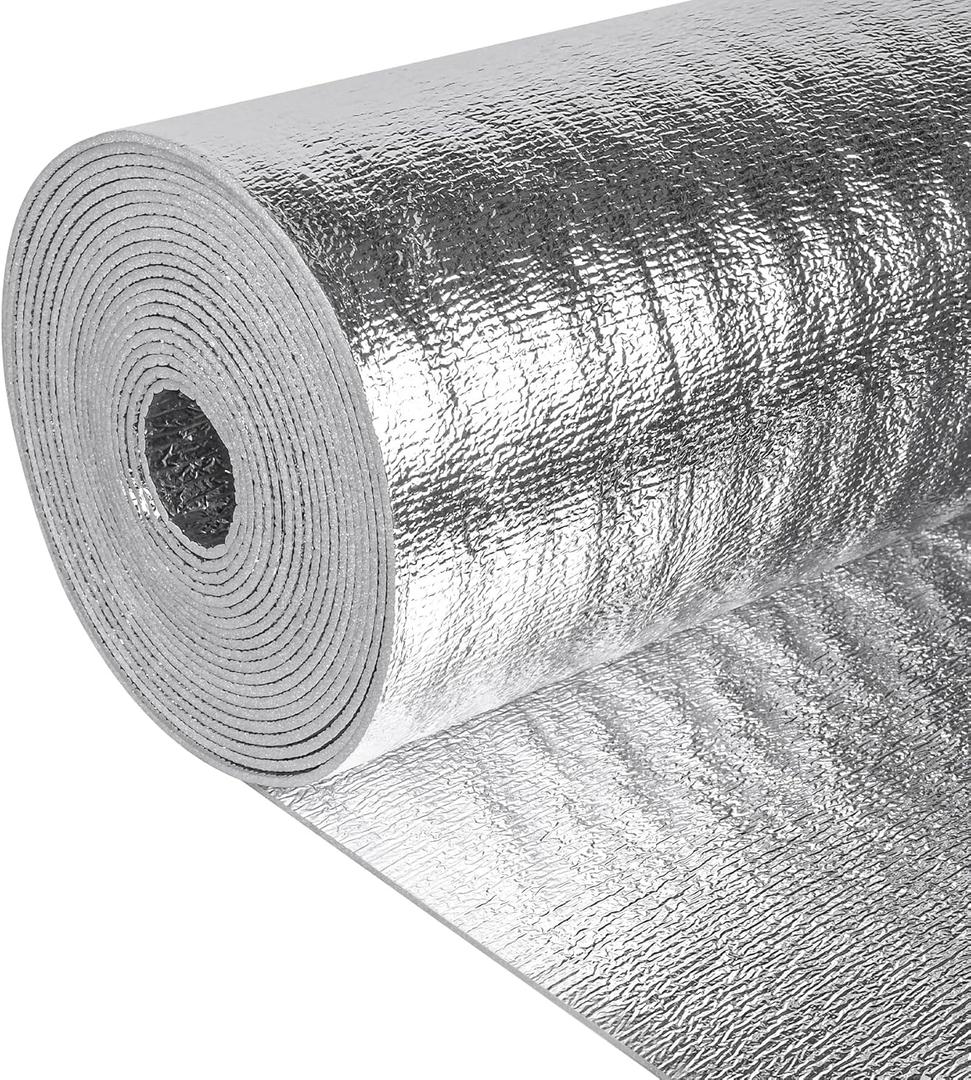 Reflective Insulation Roll 48in x 25Ft (3mm) Foam Core Radiant Barrier Double Reflective Aluminum Foil Wrap Insulation Sheet Thermal Shield for Winter RV Window Thermal Cold Insulating Summer Heat