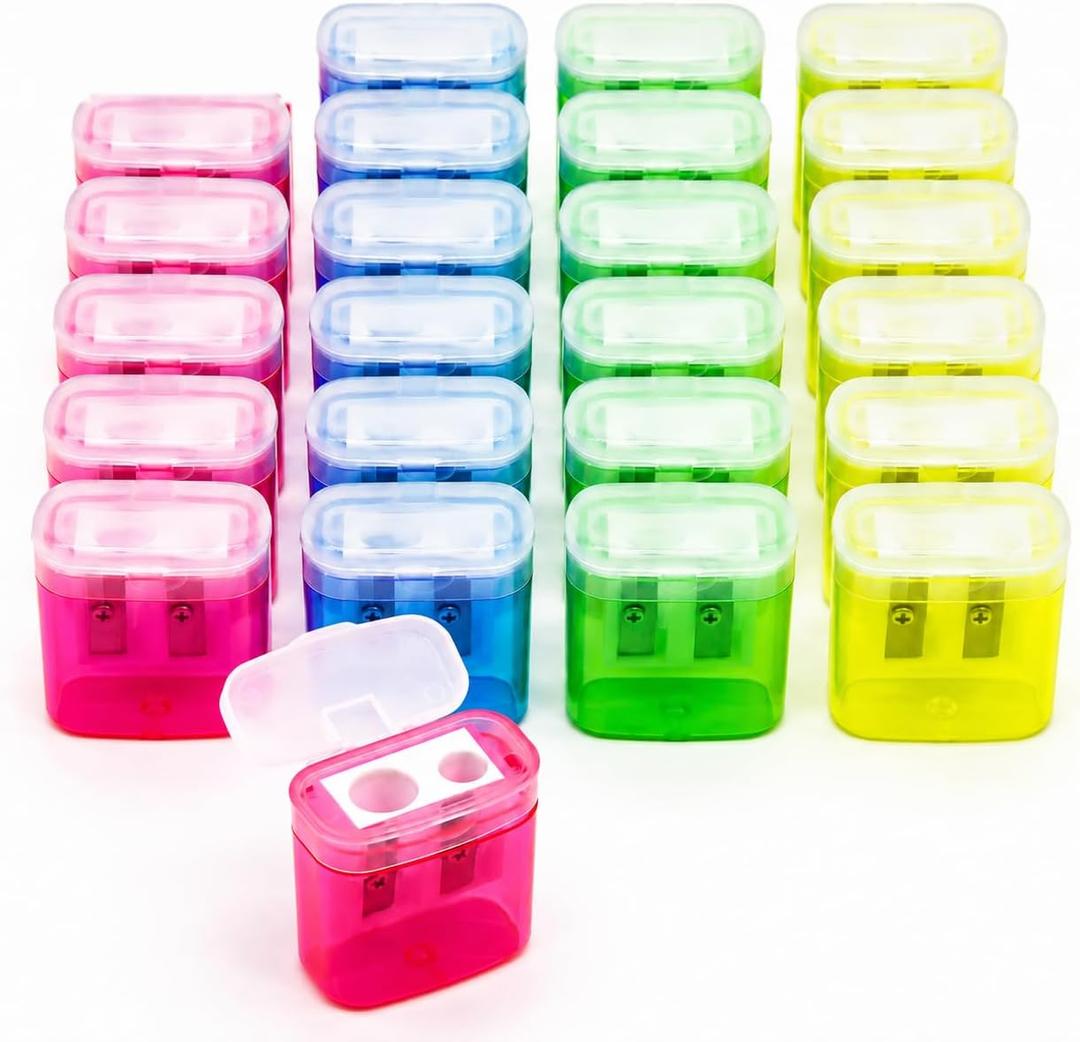ForTomorrow 24-Pack Pencil Sharpener for Classroom, Dual-Hole with Lids