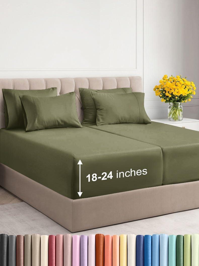 Extra Deep Split King Sheet Set - 7 Piece Breathable & Cooling Sheets - Hotel Luxury Bed Sheets Set - Easy Fit - Soft, Wrinkle Free & Comfy Sheets Set - Sage Green Sheet Set with Extra Deep Pockets
