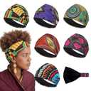 6 Pcs African Satin Lined Headbands Knotted Wide Non Slip Yoga Stretchy Turban Hair Scarfs Workout Printed Headwrap Hair Accessories for Women and Girls