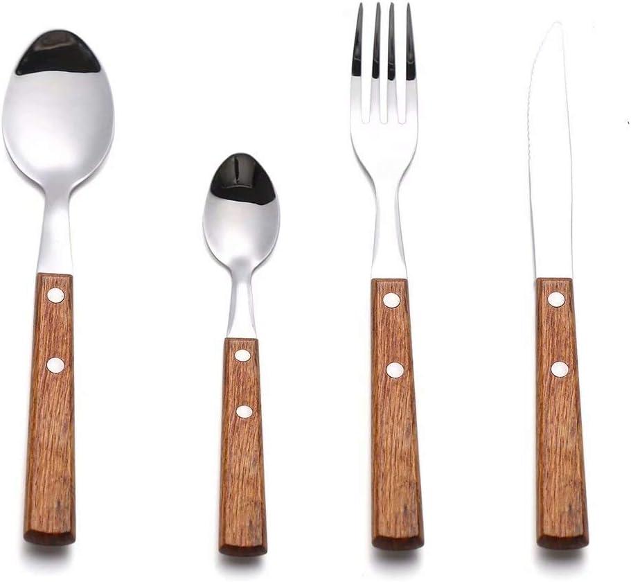 Forks and Spoons Silverware Set, HAPPY KIT Wooden Handle Flatware Set 8-Piece (2 Sets) 18/8 Stainless Steel Cutlery Set Wooden Spoons Dinner Knife Dinner Fork and Spoon Set
