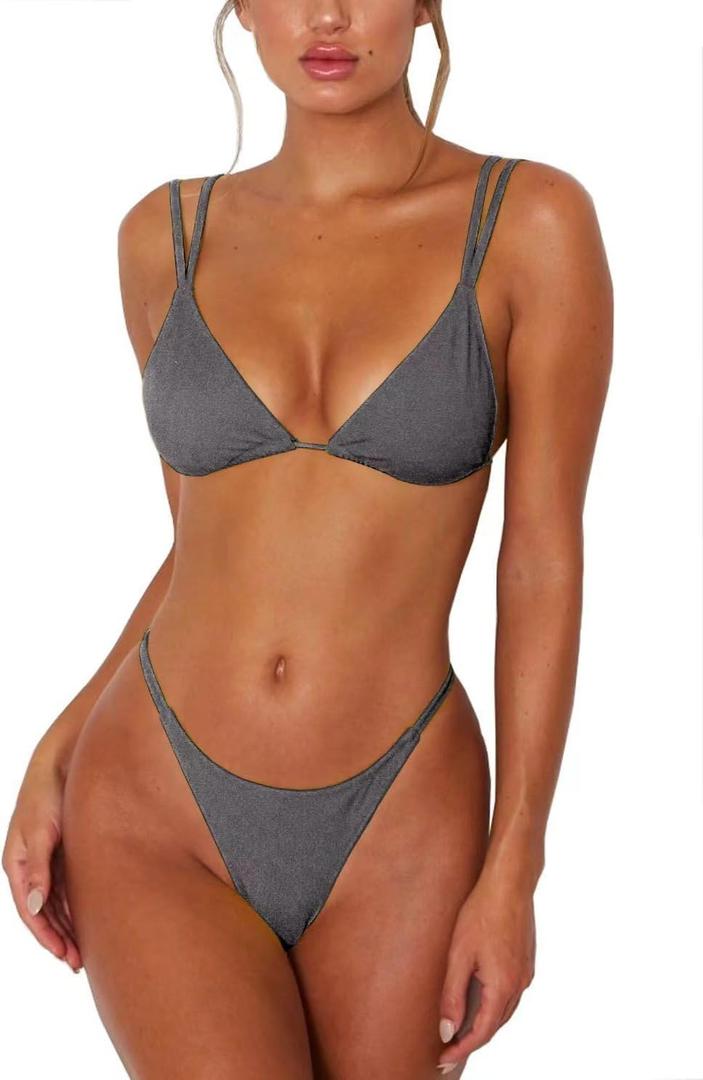 Women's Sexy Thong Bottom Two Piece Bikini Double Shoulder Straps Cute Swimsuit Triangle Bathing Suit Shiny Gray XL