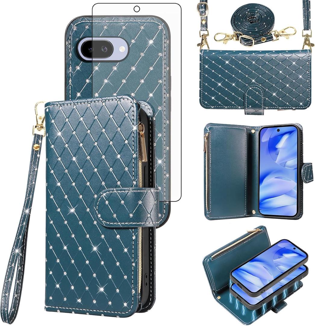 Asuwish Compatible with Google Pixel 9A Wallet Case Zipper Cell and Tempered Glass Screen Protector Crossbody Strap Bling Glitter Flip Card Holder Phone Cover for Pixel9A A9 5G Women Men Dark Green