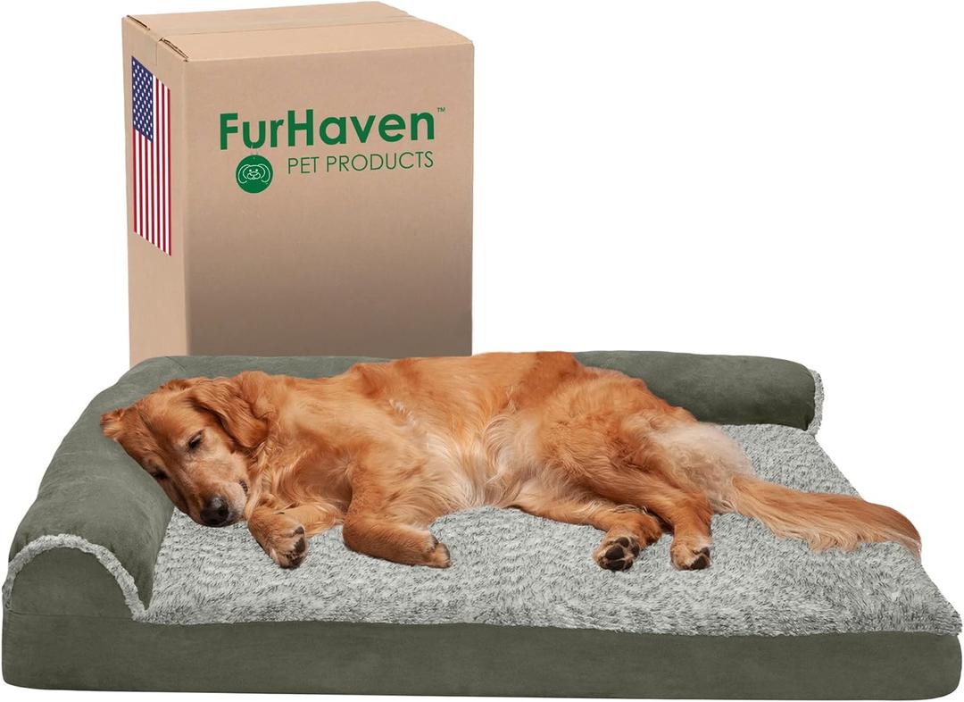Furhaven Orthopedic Dog Bed for Large Dogs w/ Removable Bolsters & Washable Cover, For Dogs Up to 95 lbs - Two-Tone Plush Faux Fur & Suede L Shaped Chaise - Dark Sage, Jumbo/XL (40.0"L x 32.0"W x 8.0"Th, (Two-Tone Faux Fur & Suede) Dark Sage)