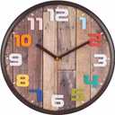 Topkey 12 inch Vintage Silent Wall Clock with Large Colorful 3D Numerals, Non-Ticking Decorative Round Clock for School, Office, Living Room, Bedroom,Kitchen, Brown Wood Grain Battery Operated