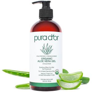 PURA D'OR 16 Oz ORGANIC Aloe Vera Gel - Unscented - All Natural - ZERO Artificial Preservatives - Deeply Hydrating & Moisturizing - Sunburn, Bug Bites, Rashes, Small Cuts, Eczema Relief - Skin & Hair