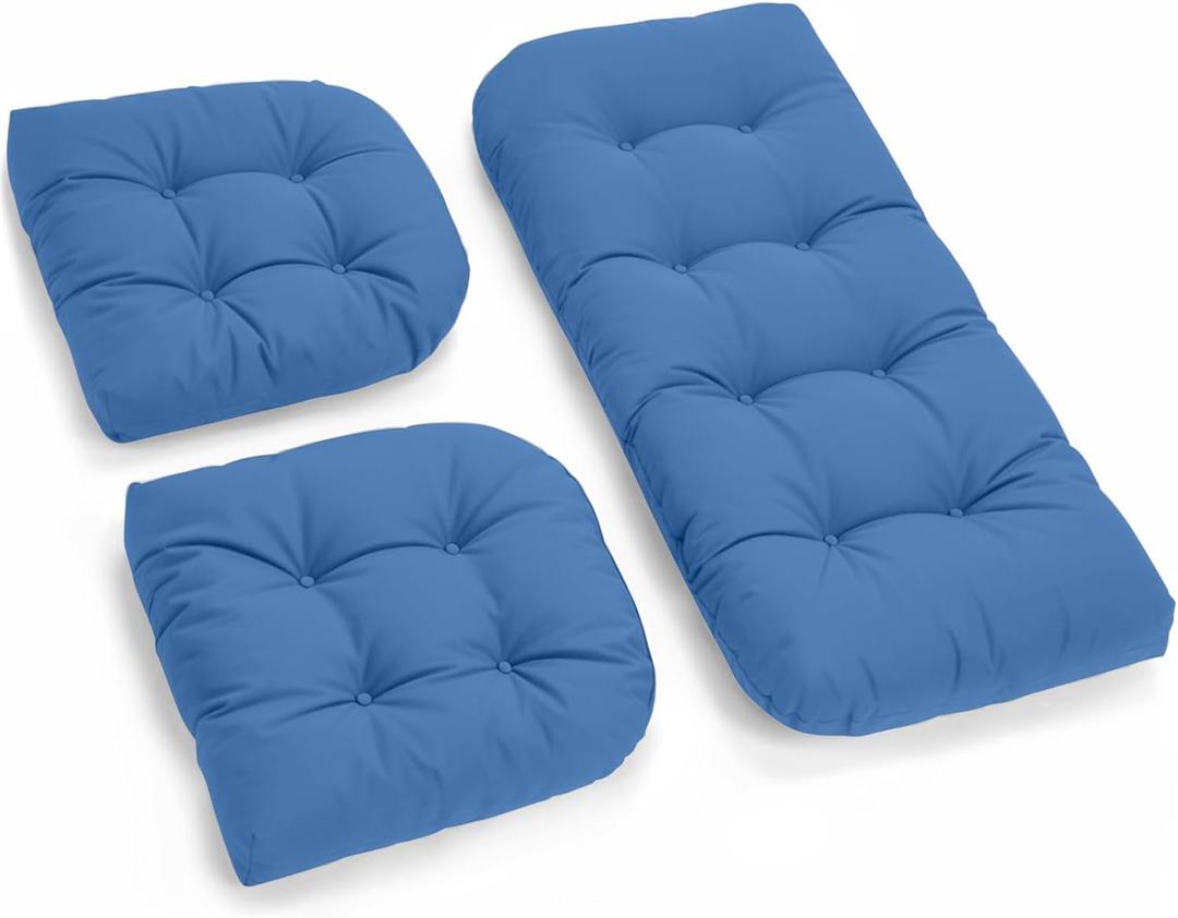 All Weather Outdoor Wicker Chair Cushions of 3 Pieces, Waterproof Outdoor Wicker Chair Cushion for Patio Furniture Loveseat Settee Bench, 1 Loveseat and 2 U-Shaped Cushions, Royal Blue