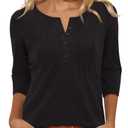 Uhiger Womens Black Button Down Shirt Henley V Neck Tops 3/4 Sleeve Tunic Tps for Women Loose Fit Dressy Blouses Business Casual Spring Summer Clothes Vacation Travel Outfit (XL)