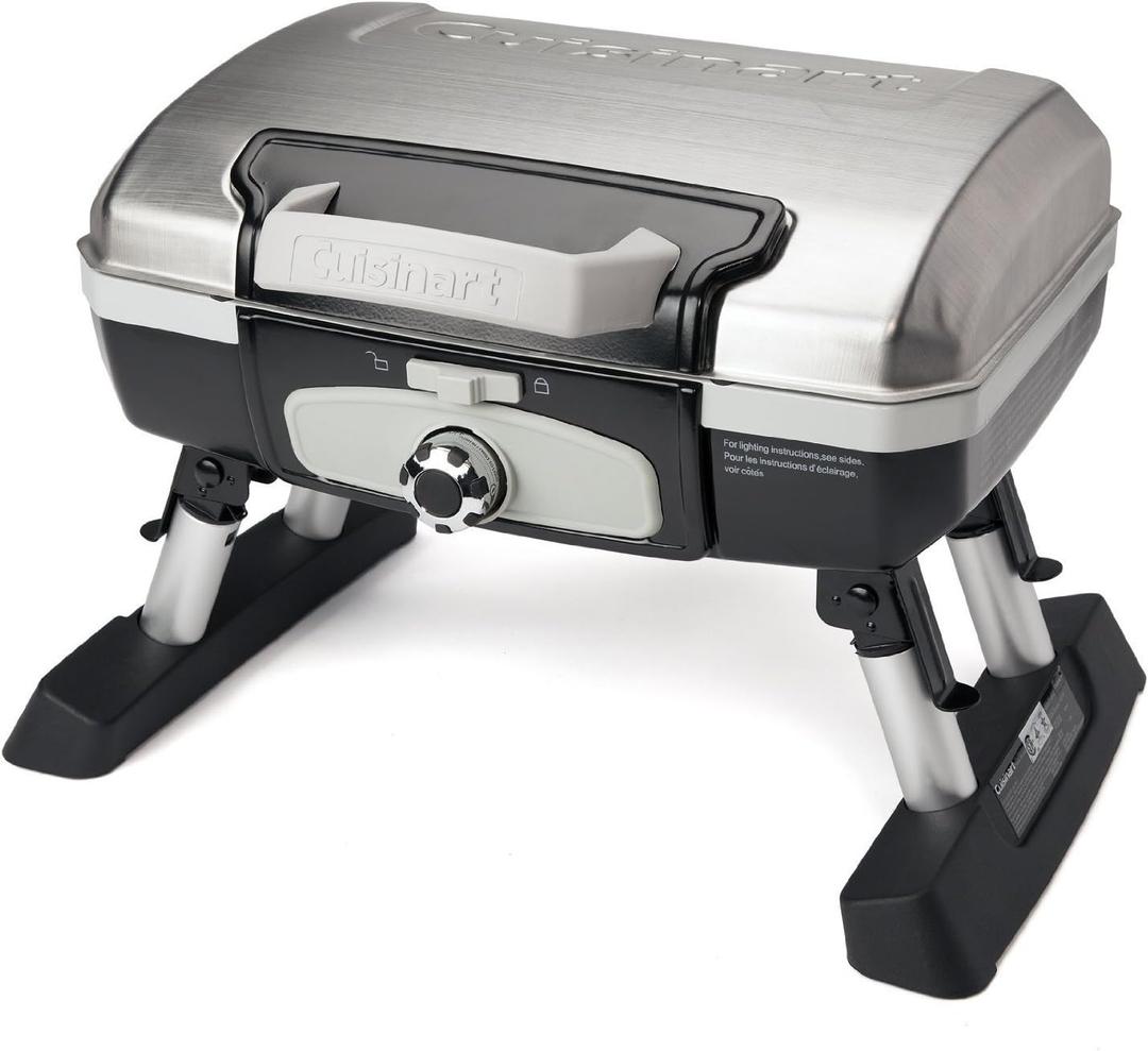 Cuisinart Petite Gourmet Portable Gas Grill, Compact Portable Grill Propane, 150 Sq. In. Cooking Surface, 5,500 BTU Burner Small Gas Grills for Camping, BBQ, Folding Legs and Carry Handles, Stainless