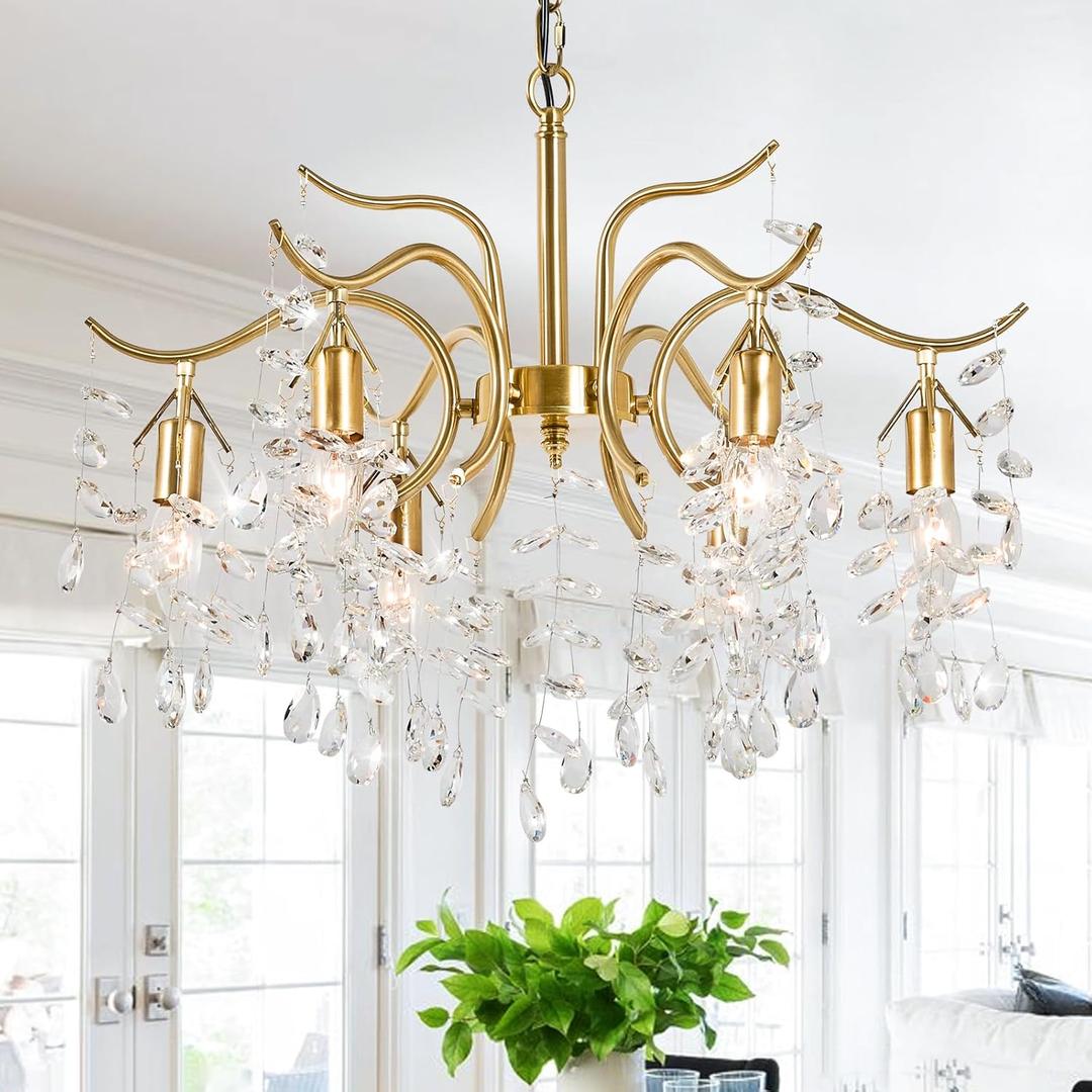 Tree Branch Crystal Chandeliers 22in Modern Gold Chandelier Light Fixtures E12 6-Light Ceiling Hanging Pendant Light for Living Room Foyer Dining Room