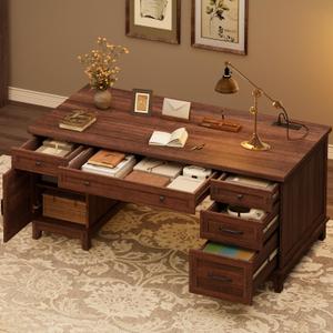 GarveeHome Executive Desk with File Drawers, Farmhouse Home Office Desk with Charging Station, 60 in Wooden Computer Desk with Cabinet Storage for Work Study Writing, Walunt Brown