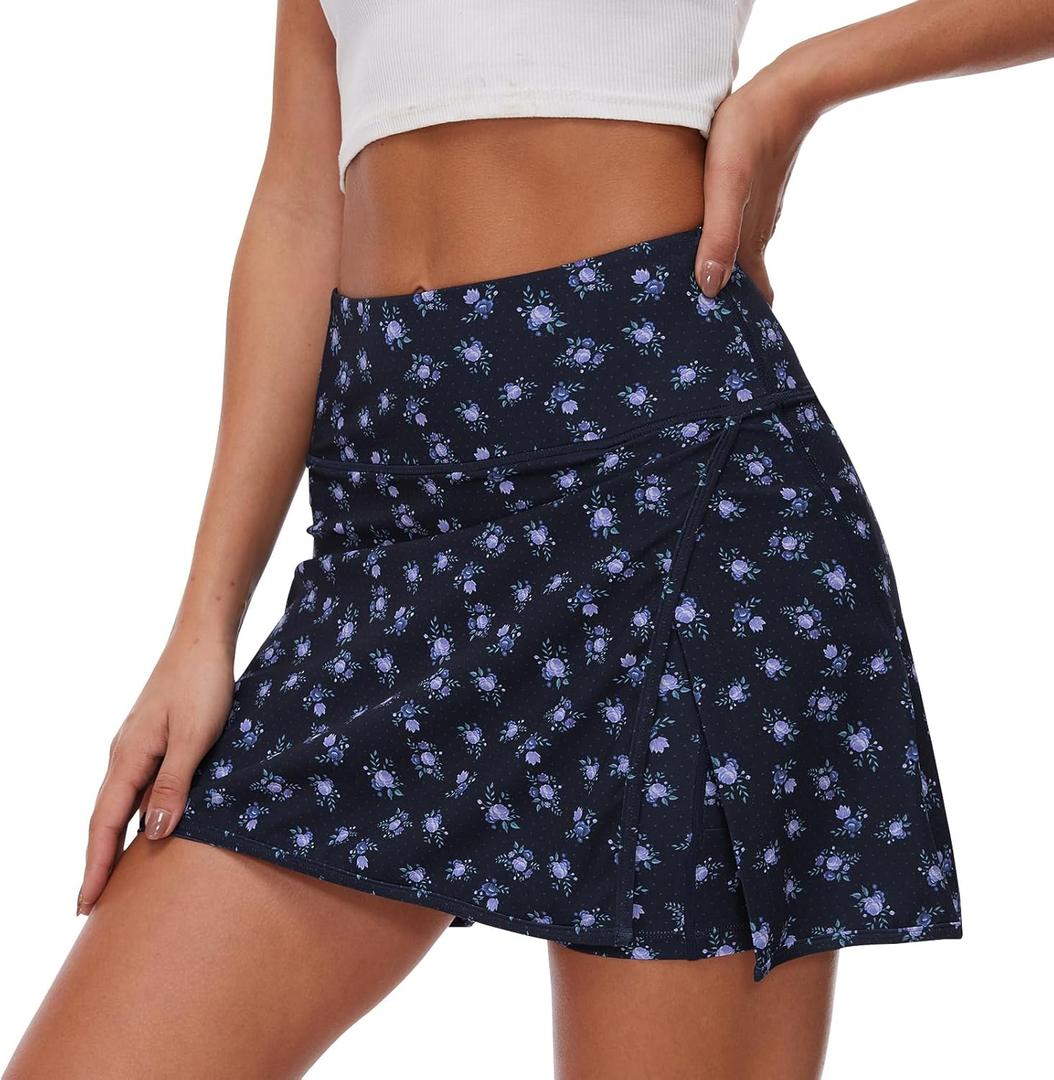 Lightbare Womens Tennis Skirts High Waisted Mini Golf Skirt with Shorts Pockets Side Slit Skort Quick Dry for Athletic (X-Small Short, Navy Floral)