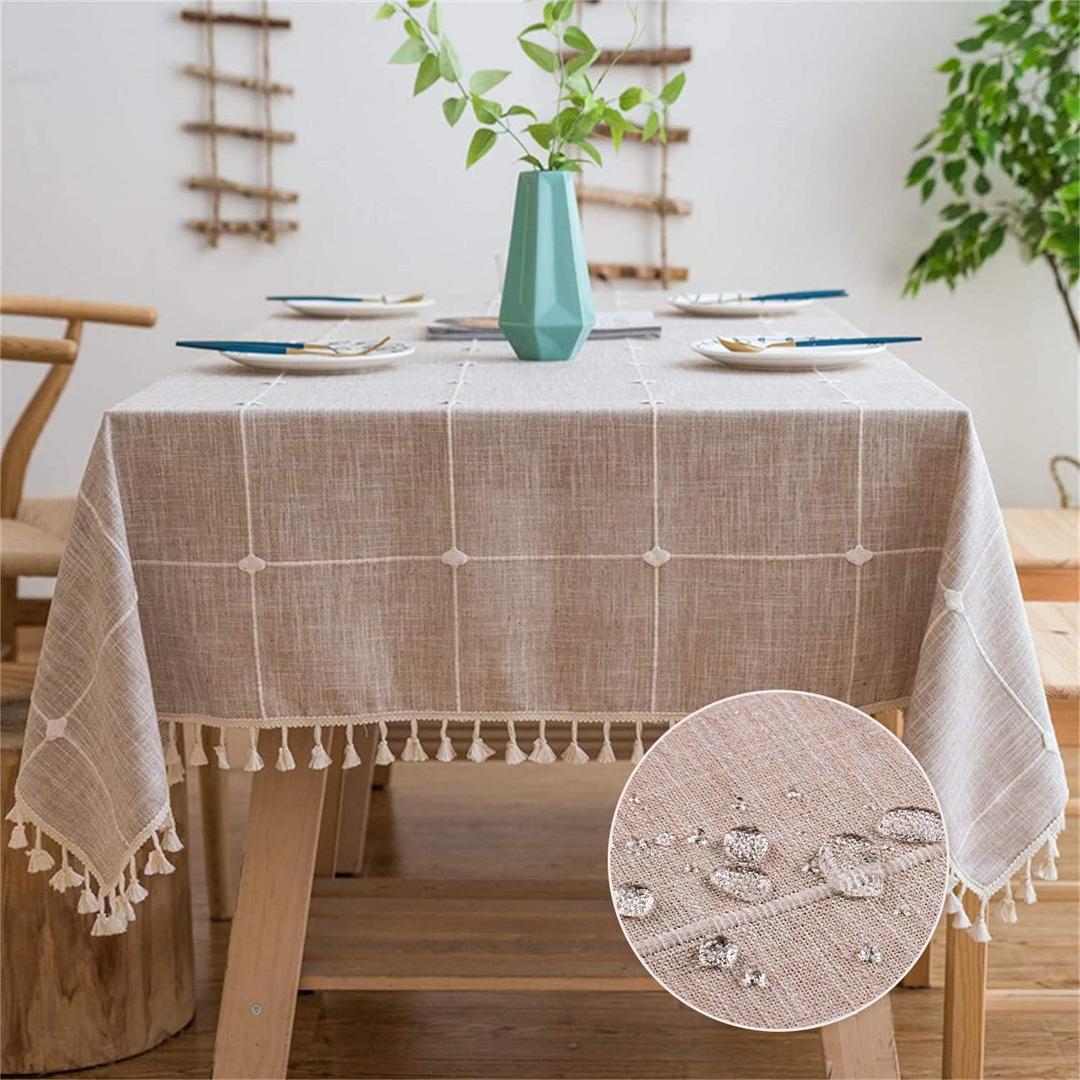Vonabem Table Cloth Tassel Cotton Linen Table Cover for Kitchen Dinning Wrinkle Free Table Cloths Rectangle/Oblong (58''x120'', 10-12 Seats, Light Brown)