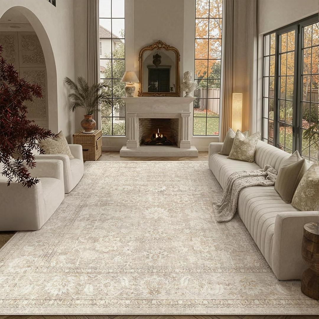 PureCozy 9x12 Beige Living Room Area Rug Vintage Washable Non Slip Indoor Carpet Distressed Low Pile Soft Retro Accent Throw Large Rug for Bedroom Dining Room Office