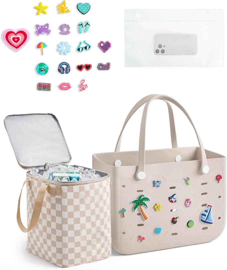 BAGSMART Beach Bag for Women, Water-resistant Rubber Tote Bag, Sandproof Vacation Essentials for Summer Swim Cruise Pool
