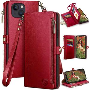 XcaseBar Compatible with iPhone 13 6.1" Wallet case with Zipper Credit Card HolderRFID Blocking,Flip Folio Book PU Leather Phone case Shockproof Cover Men Women for Apple 13 case Red