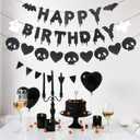 Black Glitter Halloween Birthday Banner, Pre-Strung Happy Birthday Halloween Banner Ghosts Hearts Skulls Bats Hanging Paper Garland Photo Prop for Wall Mantle Home Supplies