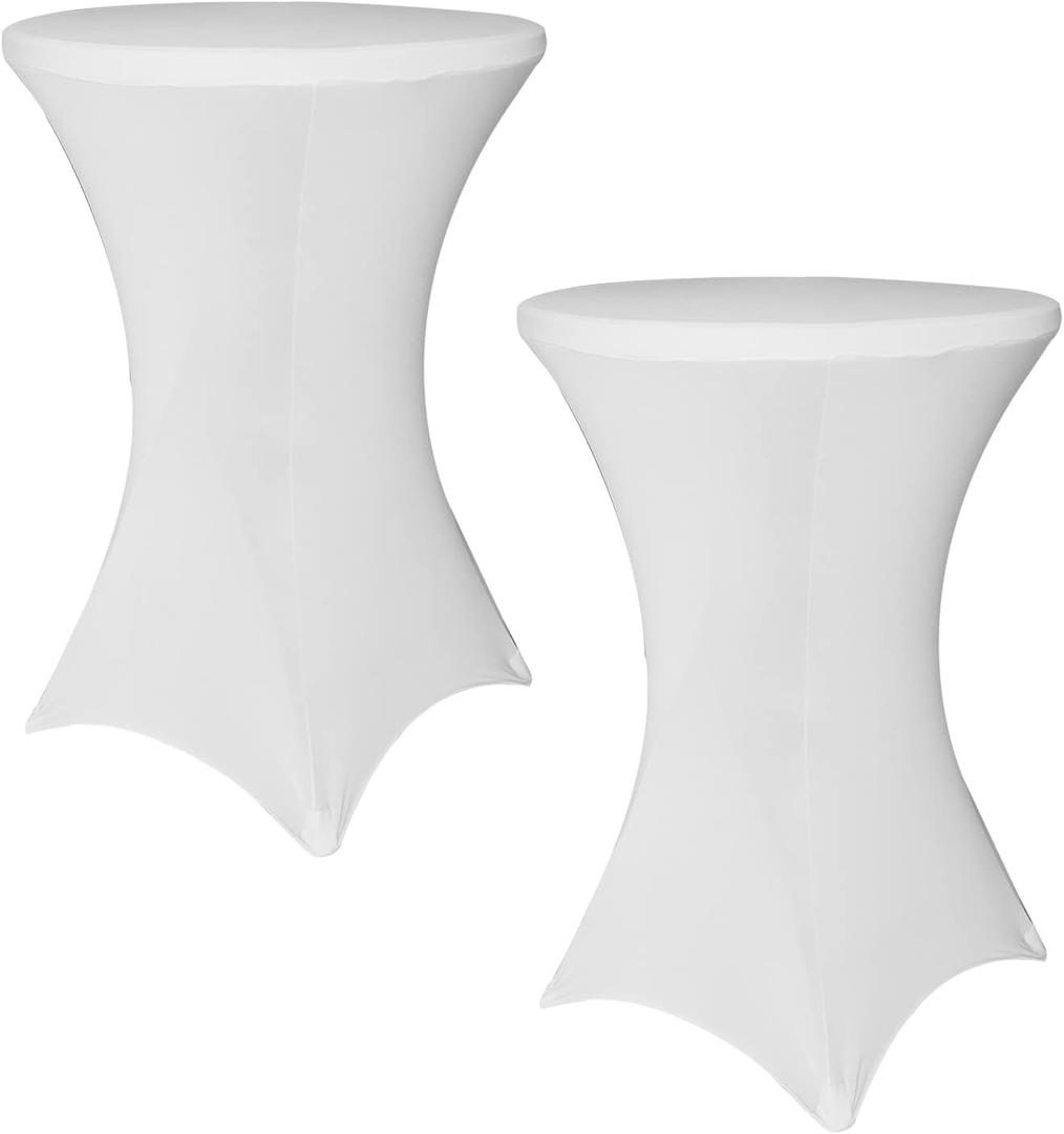 SUNTQ 2 Pack Spandex Table Covers, Cocktail Fitted Tablecloths, Round Highboy Stretch Table Cloths for Party, Wedding, Birthday, Banquet, Vendors,Bistro Table,White, 30"-32" Diameter x 40"-43" Height