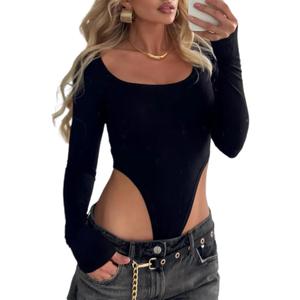 Women's Scoop Neck High Cut Long Sleeve Bodysuit Double Lined Sexy Body Suits Tops (All Black, XS)