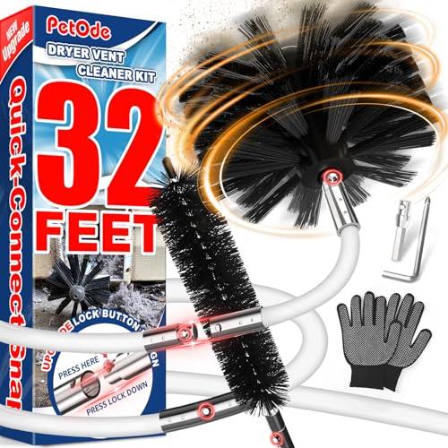 PetOde 32 Feet Dryer Vent Cleaner Kit, Enhanced Flexible Quick Snap Brush with Drill Attachment for Effective Cleaning, 360 Degree Rotation Without Loosening, Use with or Without a Power Drill