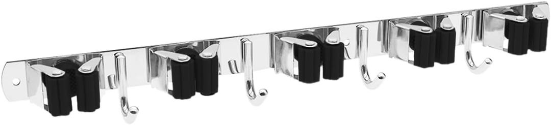 Mop Broom Holder Wall Mount, Broom Organizer Mop and Broom Storage Tool Racks 304 Stainless Steel Self Adhesive Wall Hanger for Home Garage (Screw Adhesive 5 Rack & 4 Hooks Black)