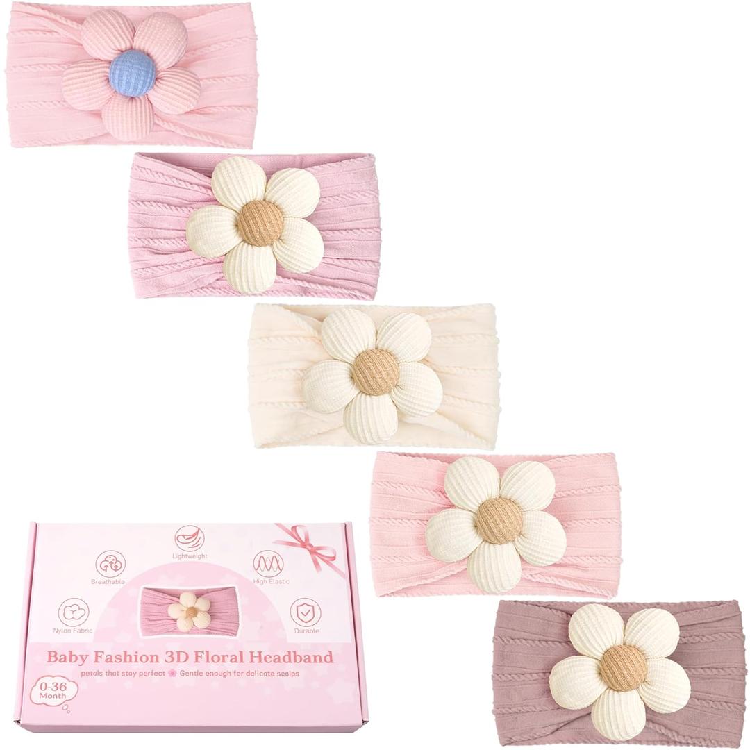 CLLOT 5 Pcs Baby Flower Headbands Baby Girls Nylon Headbands Soft Hairbands Hair Accessories for Newborn Infant Toddler Kids, Pink