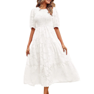micidad Women's 2023 Boho Floral Dress Casual Crewneck Puff Sleeve Smocked Midi Dress Summer Flowy Tiered A-line Dress (Medium, White)