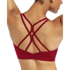 RUNNING GIRL Strappy Sports Bra for Women Sexy Crisscross Back Light Support Yoga Bra with Removable Cups Wine Red, Size L