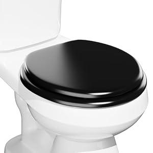 Round Black Slow Close Toilet Seat, Heavy Duty Wood Toilet Seat with Baked Enamel Finish, Support 400 bls, Toilet Lid with Soft Close Zinc Alloy Hinges, Grip-Tight Bumpers, Easy Clean, Quick-Assembly