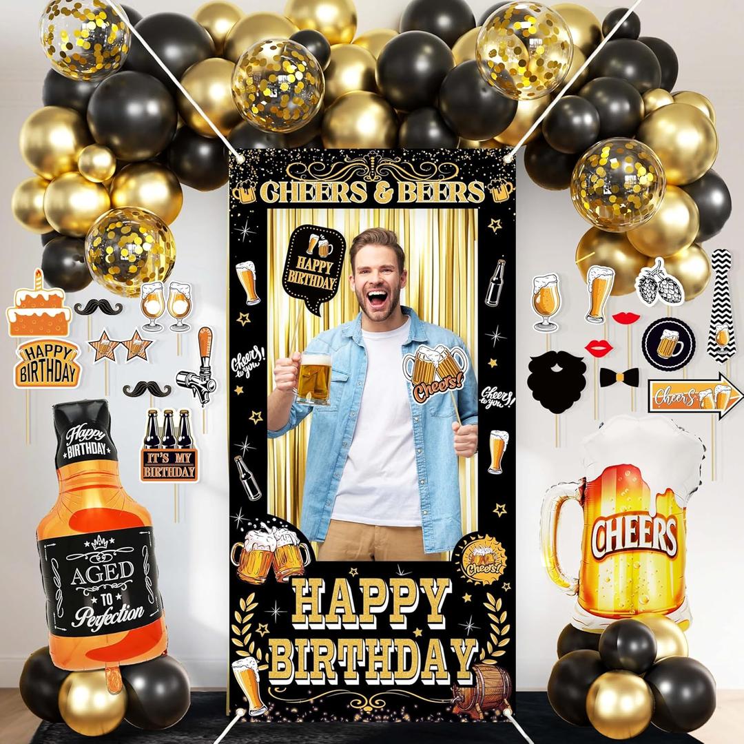 Birthday Decorations for Men,Happy Birthday Banner, 35 Balloons,Photo Booth Props for Boys (Beer)