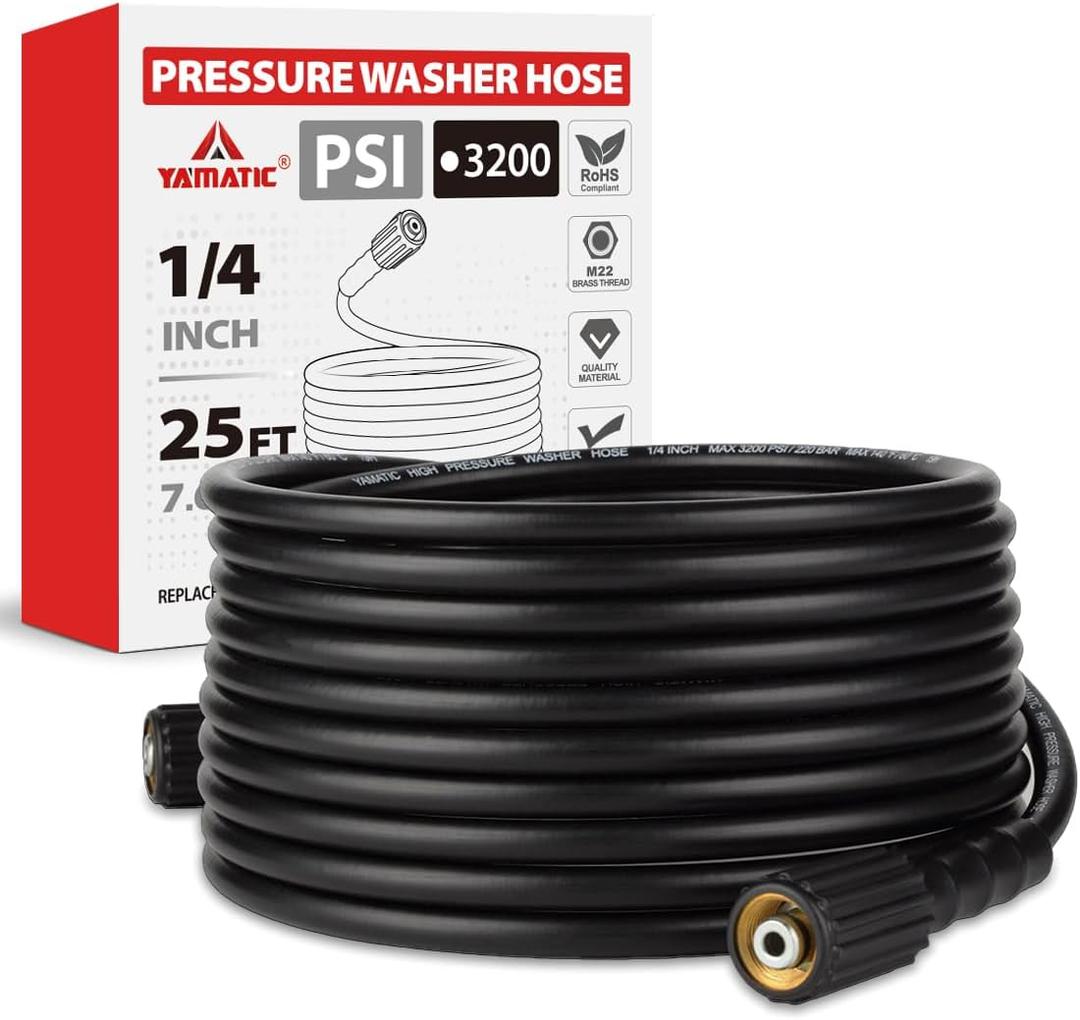 YAMATIC Pressure Washer Hose 25FT x 1/4", 3200 PSI Kink Resistant OEM-Quality Upgrade Power Washer Replacement with M22-14mm Brass Fittings for Ryobi, Troy Bilt, Greenworks, Craftsman